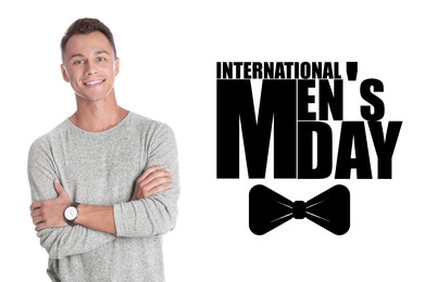 Image of International Men's Day card with bowtie illustration. Happy man on white background