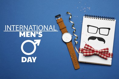 Image of International Men's Day card with male sign. Notebook with eyeglasses, moustache and bowtie on blue background, top view