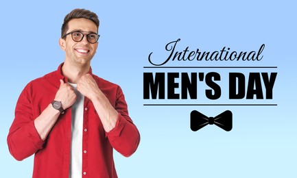 Image of International Men's Day card with bowtie illustration. Happy man on light blue gradient background