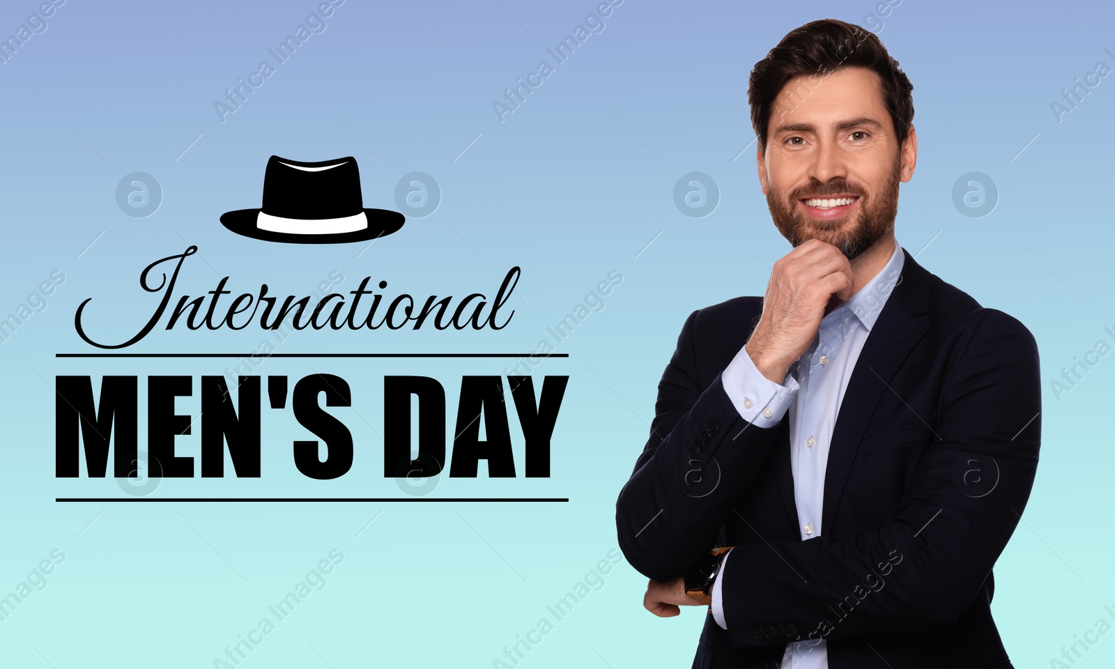 International Men's Day card with hat illustration. Happy man on light blue gradient background Image of International Men's Day card with hat illustration. Happy man on light blue gradient background