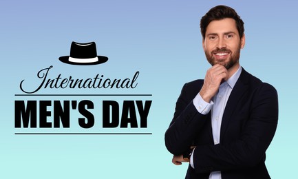 Image of International Men's Day card with hat illustration. Happy man on light blue gradient background