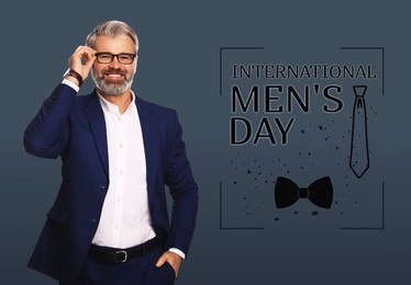 Image of International Men's Day card with neckties illustration. Happy man on grey gradient background