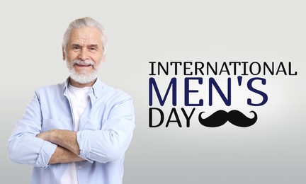 Image of International Men's Day card with moustache illustration. Happy man on grey gradient background