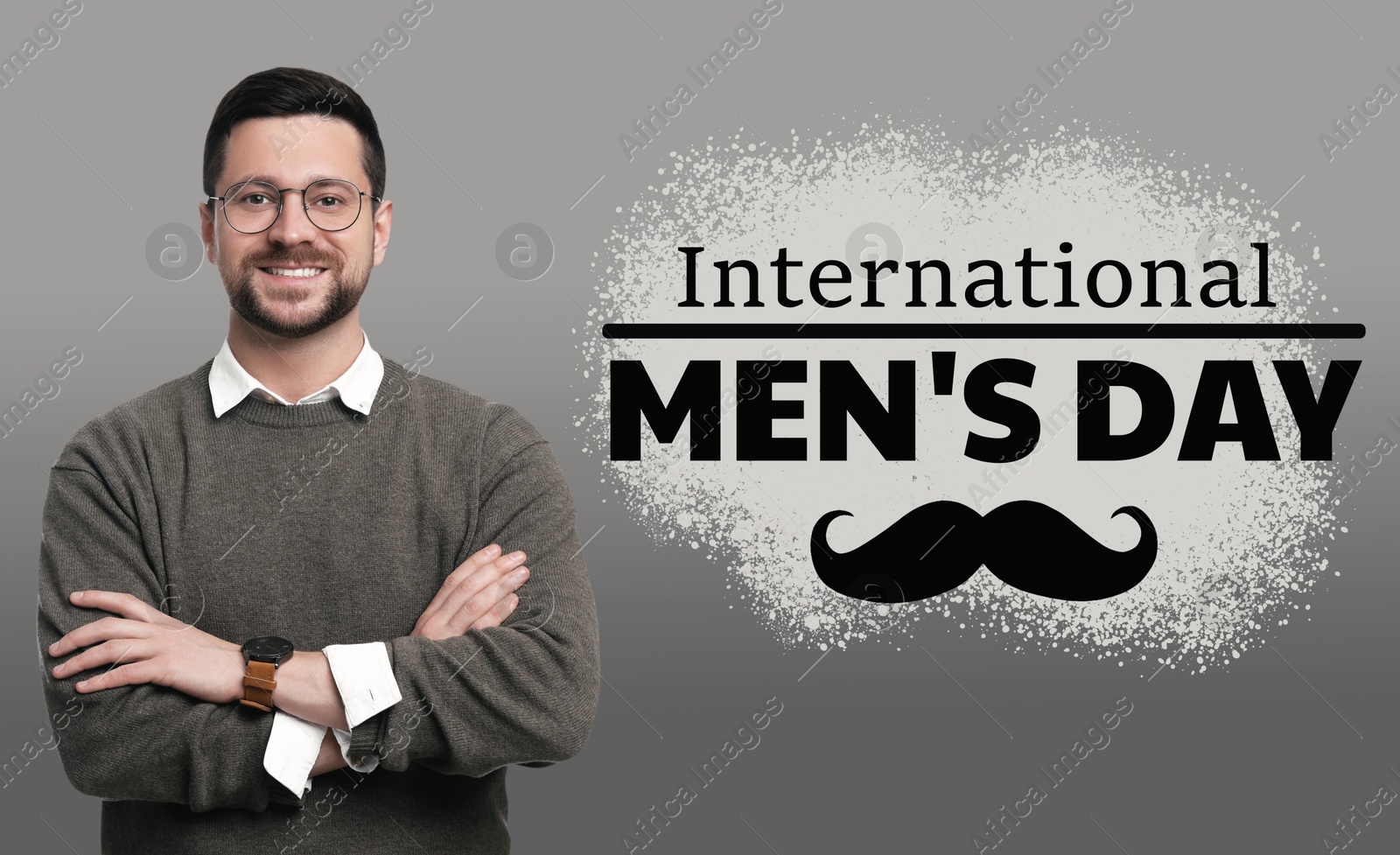 International Men's Day card with moustache illustration. Happy man on grey gradient background Image of International Men's Day card with moustache illustration. Happy man on grey gradient background