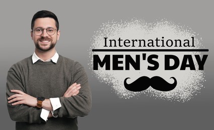 Image of International Men's Day card with moustache illustration. Happy man on grey gradient background