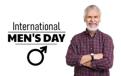 Image of International Men's Day card with male sign. Happy man on white background