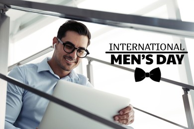 Image of International Men's Day card with bowtie illustration. Happy man using laptop indoors