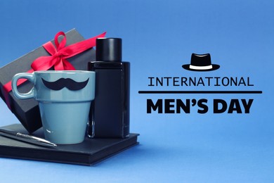 Image of International Men's Day card with hat illustration. Cup with paper moustache, perfume and gift box on light blue background