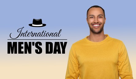 Image of International Men's Day card with hat illustration. Happy man on light blue gradient background