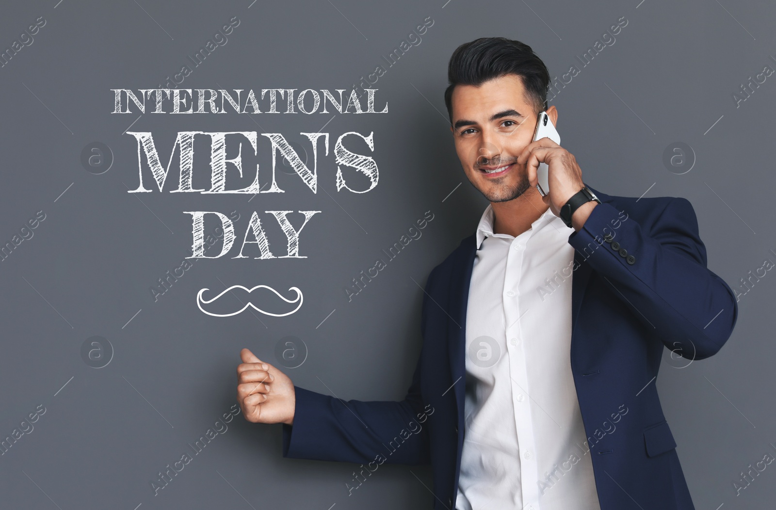 International Men's Day card with moustache illustration. Happy man talking on phone against grey background Image of International Men's Day card with moustache illustration. Happy man talking on phone against grey background