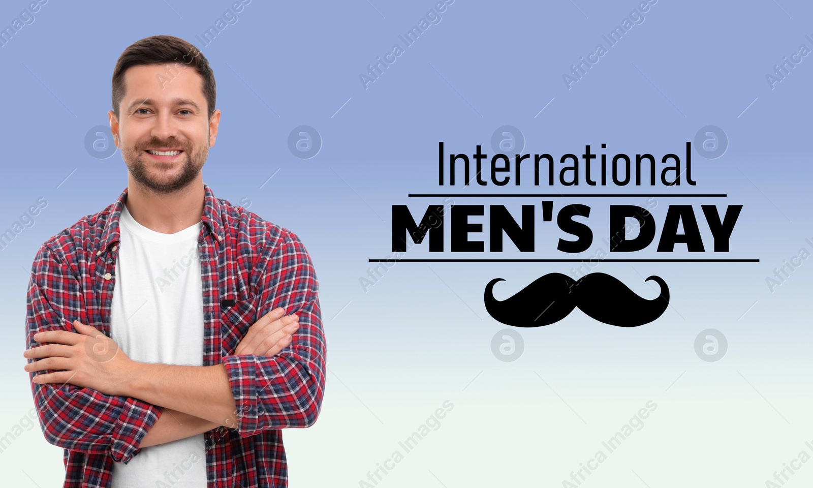 International Men's Day card with moustache illustration. Happy man on light blue gradient background Image of International Men's Day card with moustache illustration. Happy man on light blue gradient background