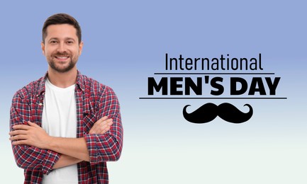 Image of International Men's Day card with moustache illustration. Happy man on light blue gradient background