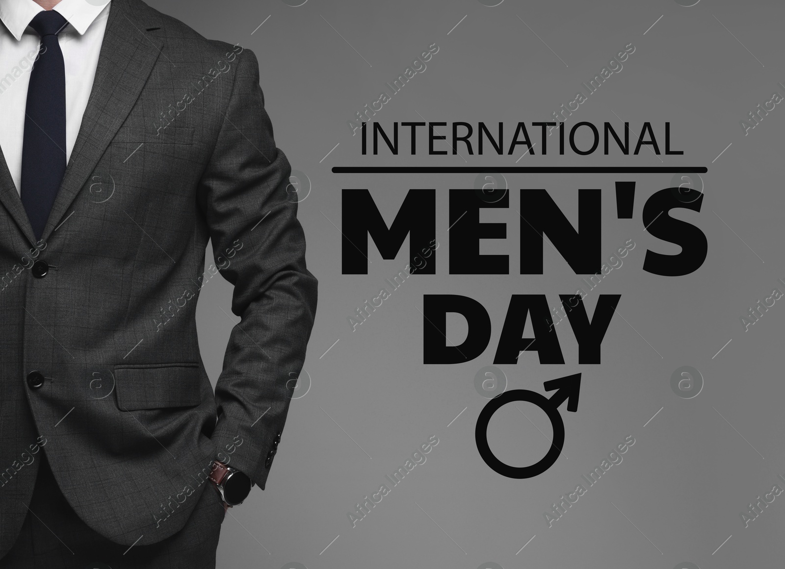 International Men's Day card with male sign. Man against grey background Image of International Men's Day card with male sign. Man against grey background