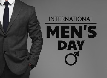 Image of International Men's Day card with male sign. Man against grey background