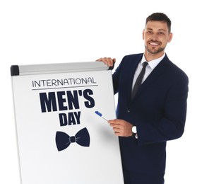 Image of International Men's Day card with bowtie illustration. Happy man pointing at board against white background