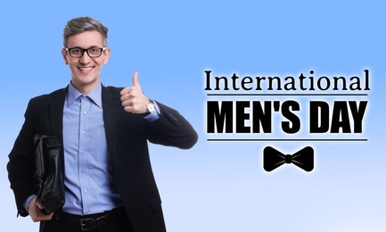 Image of International Men's Day card with bowtie illustration. Happy man showing thumbs-up on light blue gradient background