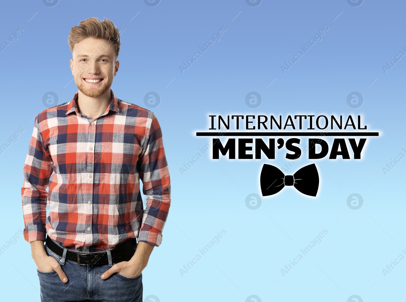 International Men's Day card with bowtie illustration. Happy man on light blue gradient background Image of International Men's Day card with bowtie illustration. Happy man on light blue gradient background