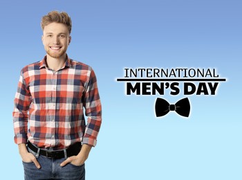 Image of International Men's Day card with bowtie illustration. Happy man on light blue gradient background