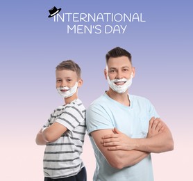 Image of International Men's Day card with hat illustration. Happy man and his son with shaving foam on their faces against color gradient background