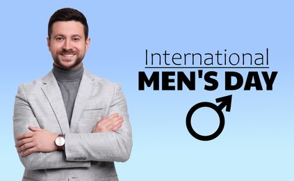 Image of International Men's Day card with male sign. Happy man on light blue gradient background