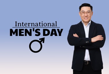 Image of International Men's Day card with male sign. Happy man on light blue gradient background