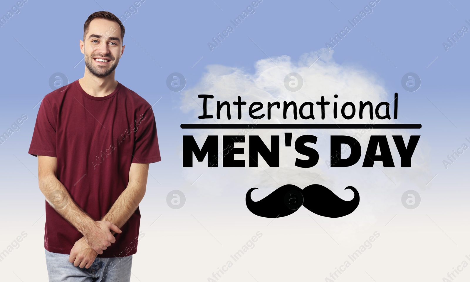 International Men's Day card with moustache illustration. Happy man on light blue gradient background Image of International Men's Day card with moustache illustration. Happy man on light blue gradient background