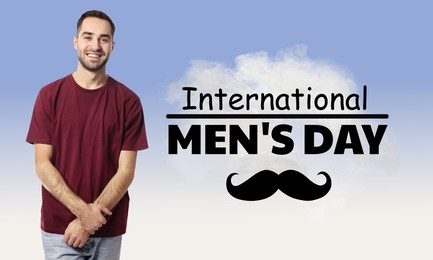 Image of International Men's Day card with moustache illustration. Happy man on light blue gradient background