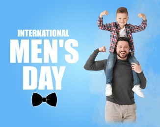 Image of International Men's Day card with bowtie illustration. Happy man with his son against light blue gradient background