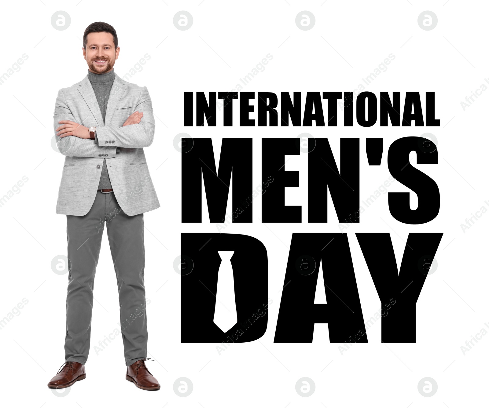 Image of International Men's Day card with necktie illustration. Happy man on white background