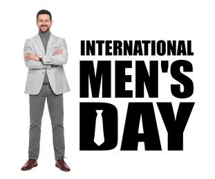 Image of International Men's Day card with necktie illustration. Happy man on white background