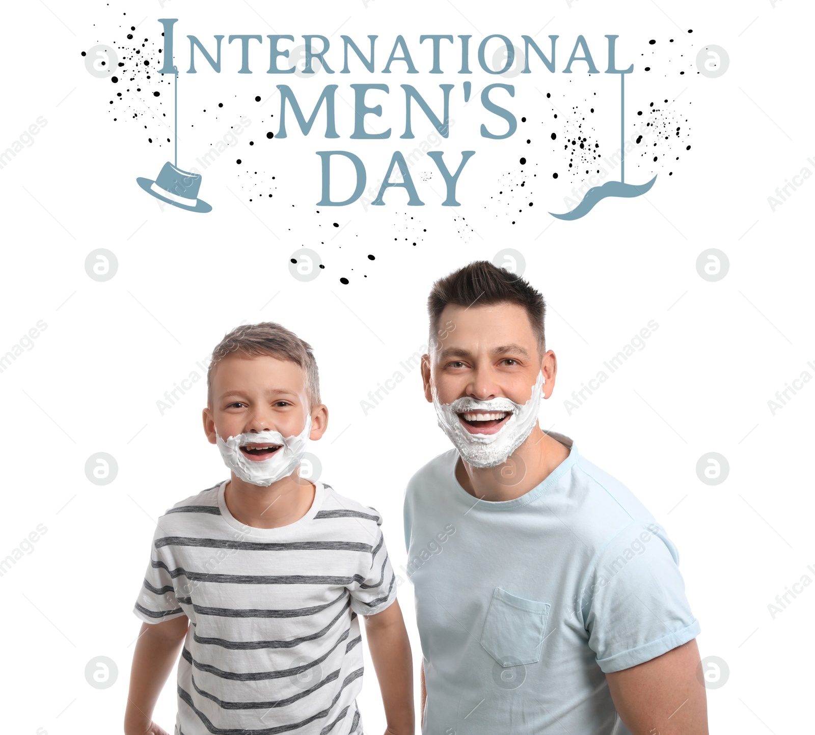 International Men's Day card with hat and moustache illustrations. Happy man and his son with shaving foam on their faces against white background Image of International Men's Day card with hat and moustache illustrations. Happy man and his son with shaving foam on their faces against white background