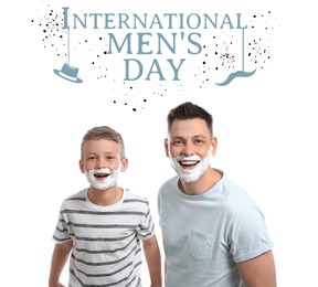 Image of International Men's Day card with hat and moustache illustrations. Happy man and his son with shaving foam on their faces against white background