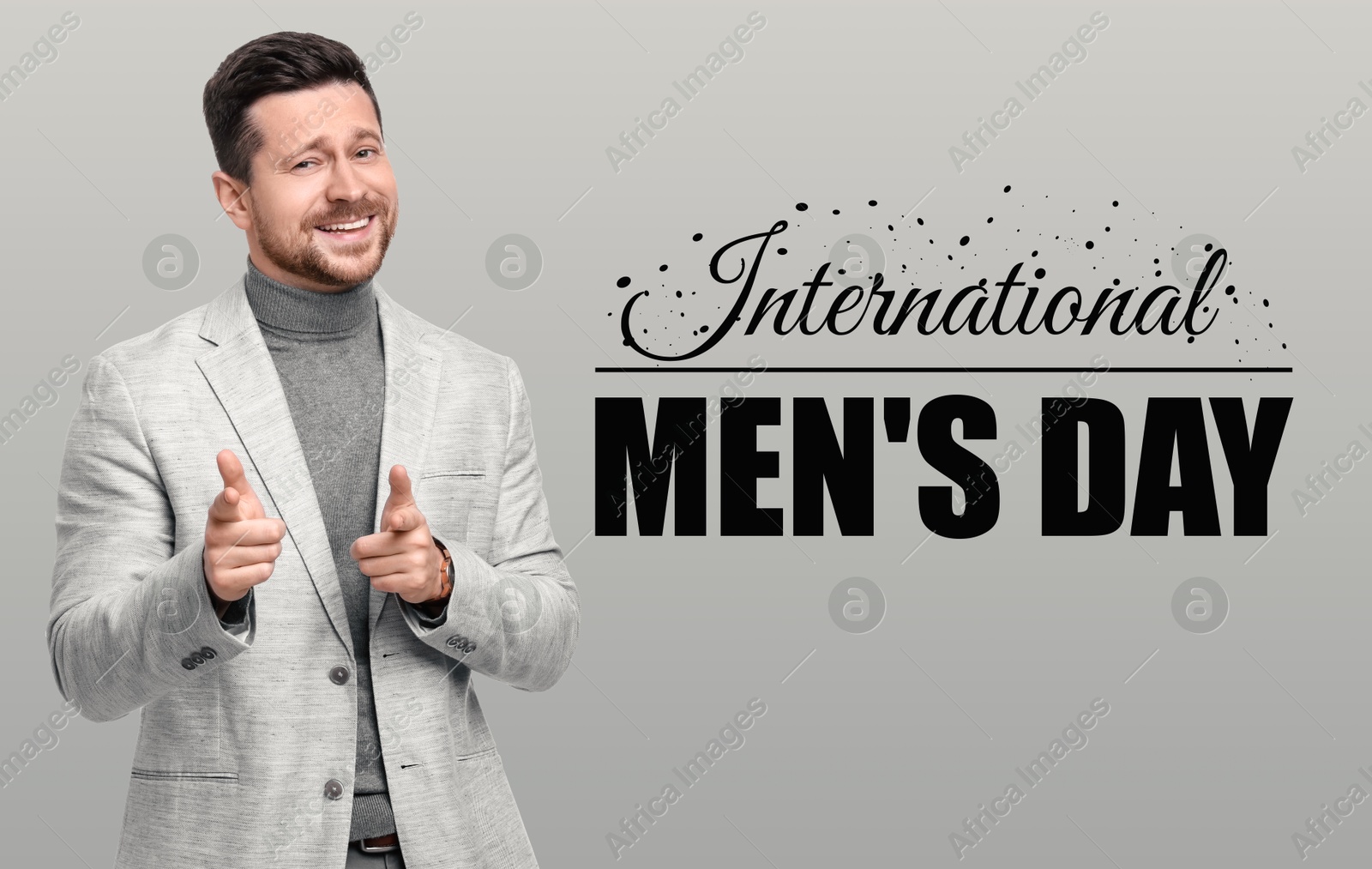 International Men's Day card. Happy man on grey background Image of International Men's Day card. Happy man on grey background