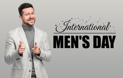 Image of International Men's Day card. Happy man on grey background
