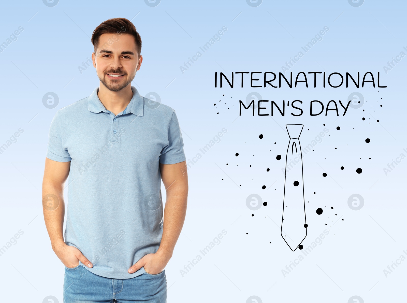 Image of International Men's Day card with necktie illustration. Happy man on light blue gradient background