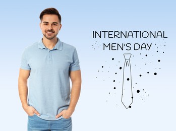 Image of International Men's Day card with necktie illustration. Happy man on light blue gradient background