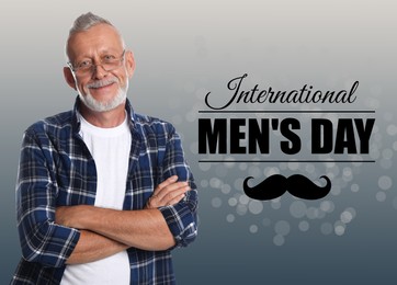 Image of International Men's Day card with moustache illustration. Happy man on grey gradient background