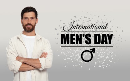 Image of International Men's Day card with male sign. Happy man on grey gradient background