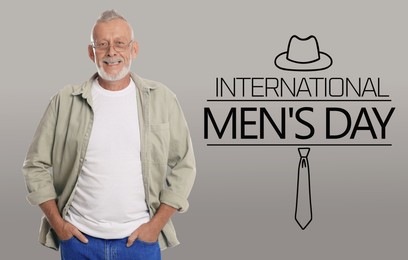 Image of International Men's Day card with hat and necktie illustrations. Happy man on grey gradient background