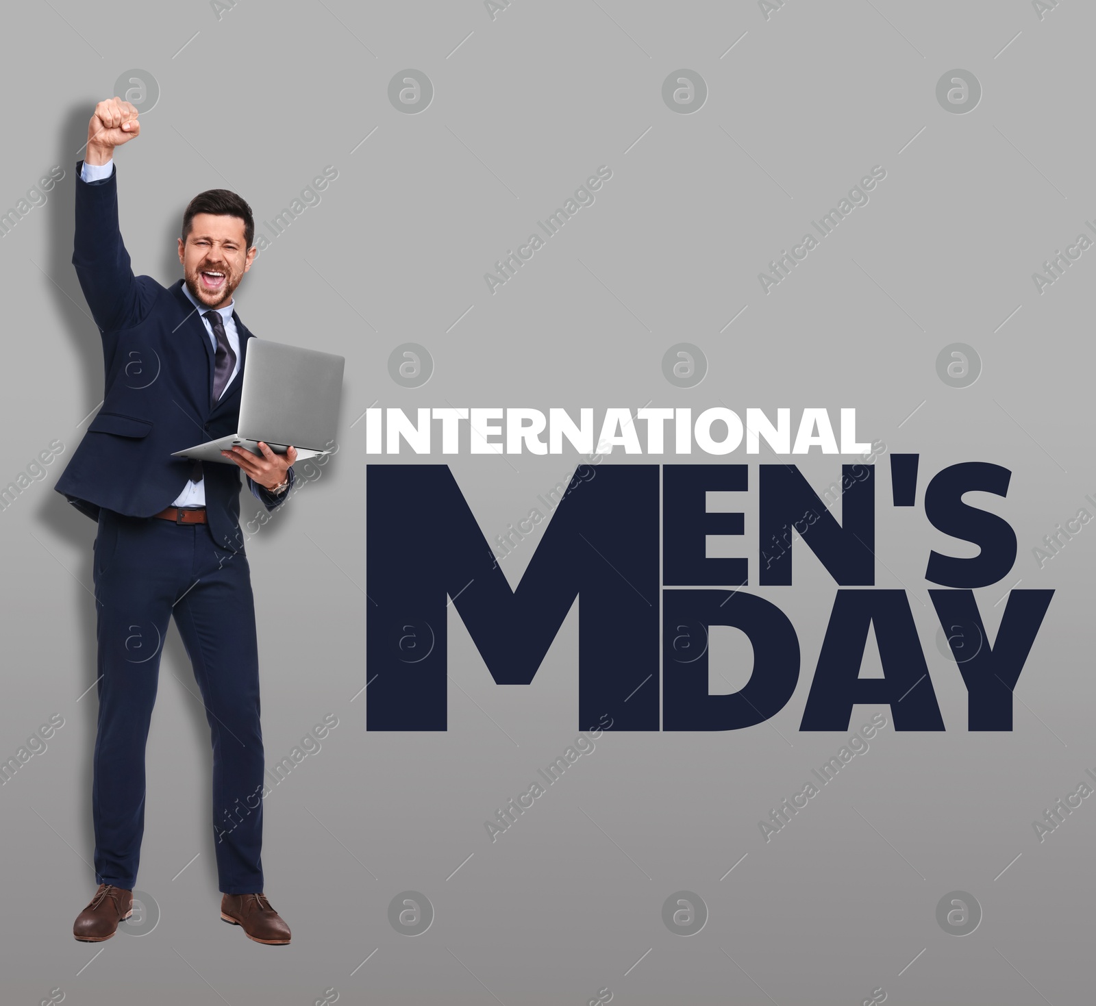 International Men's Day card. Happy man with laptop on grey gradient background Image of International Men's Day card. Happy man with laptop on grey gradient background