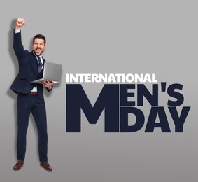 Image of International Men's Day card. Happy man with laptop on grey gradient background
