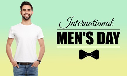 Image of International Men's Day card with bowtie illustration. Happy man on color gradient background