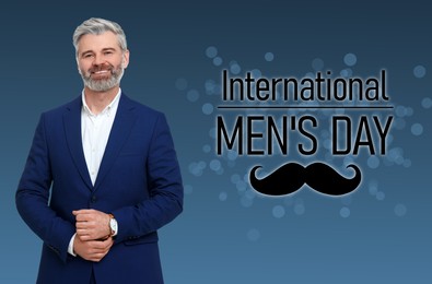 Image of International Men's Day card with moustache illustration. Happy man on blue gradient background