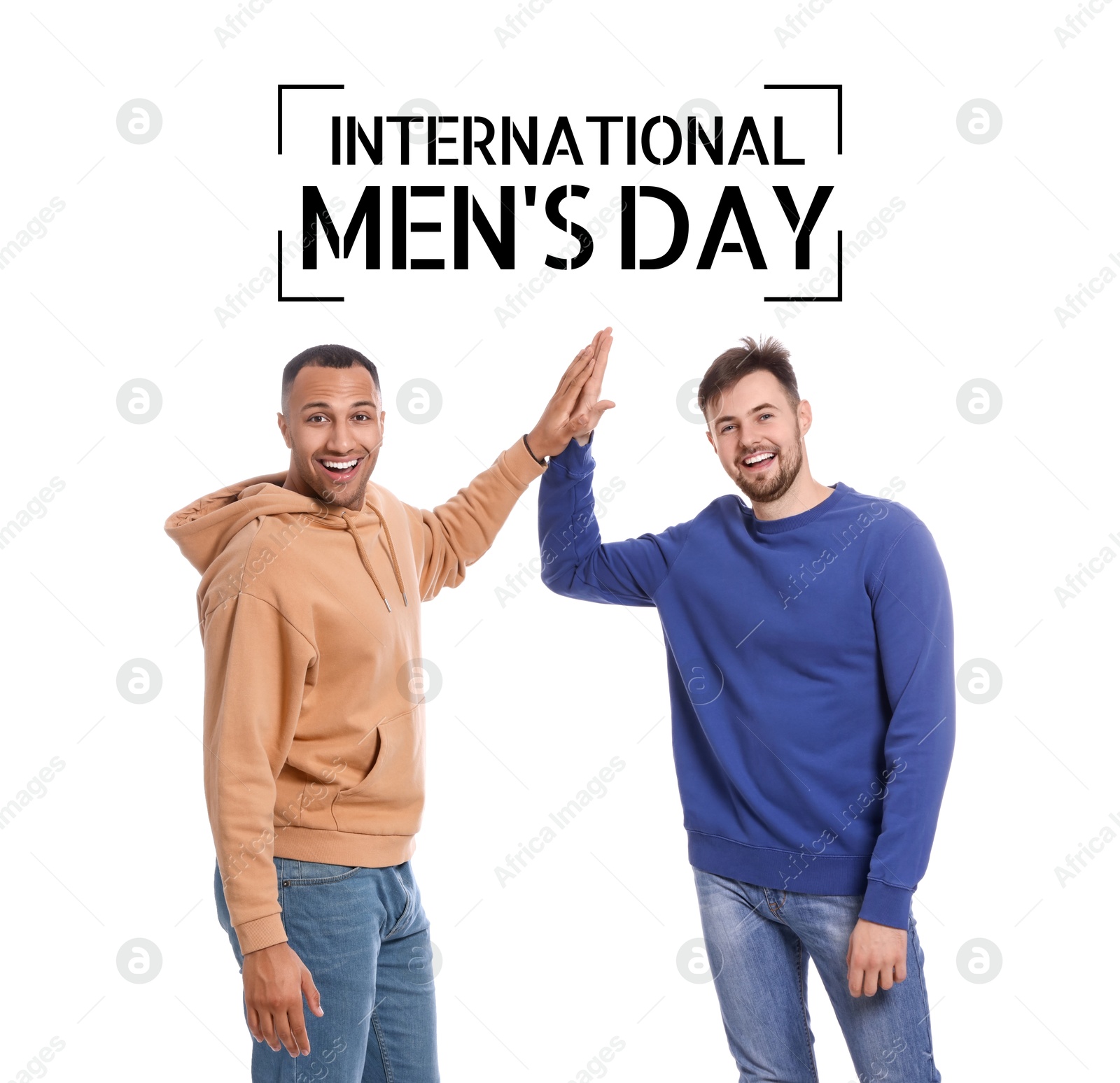 International Men's Day card. Happy men giving high five against white background Image of International Men's Day card. Happy men giving high five against white background