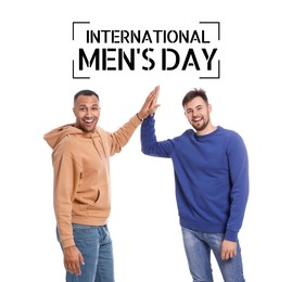 Image of International Men's Day card. Happy men giving high five against white background