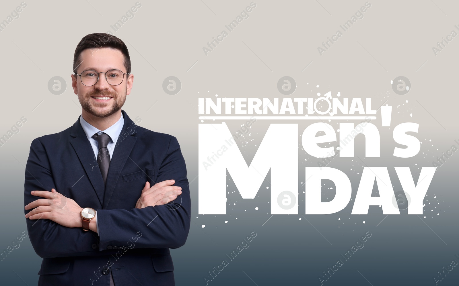 International Men's Day card with male sign. Happy man on grey gradient background Image of International Men's Day card with male sign. Happy man on grey gradient background