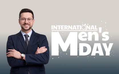 Image of International Men's Day card with male sign. Happy man on grey gradient background