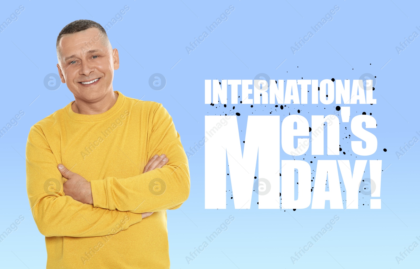 International Men's Day card. Happy man on light blue gradient background Image of International Men's Day card. Happy man on light blue gradient background
