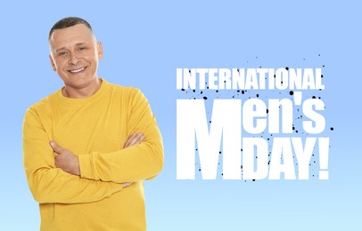 Image of International Men's Day card. Happy man on light blue gradient background