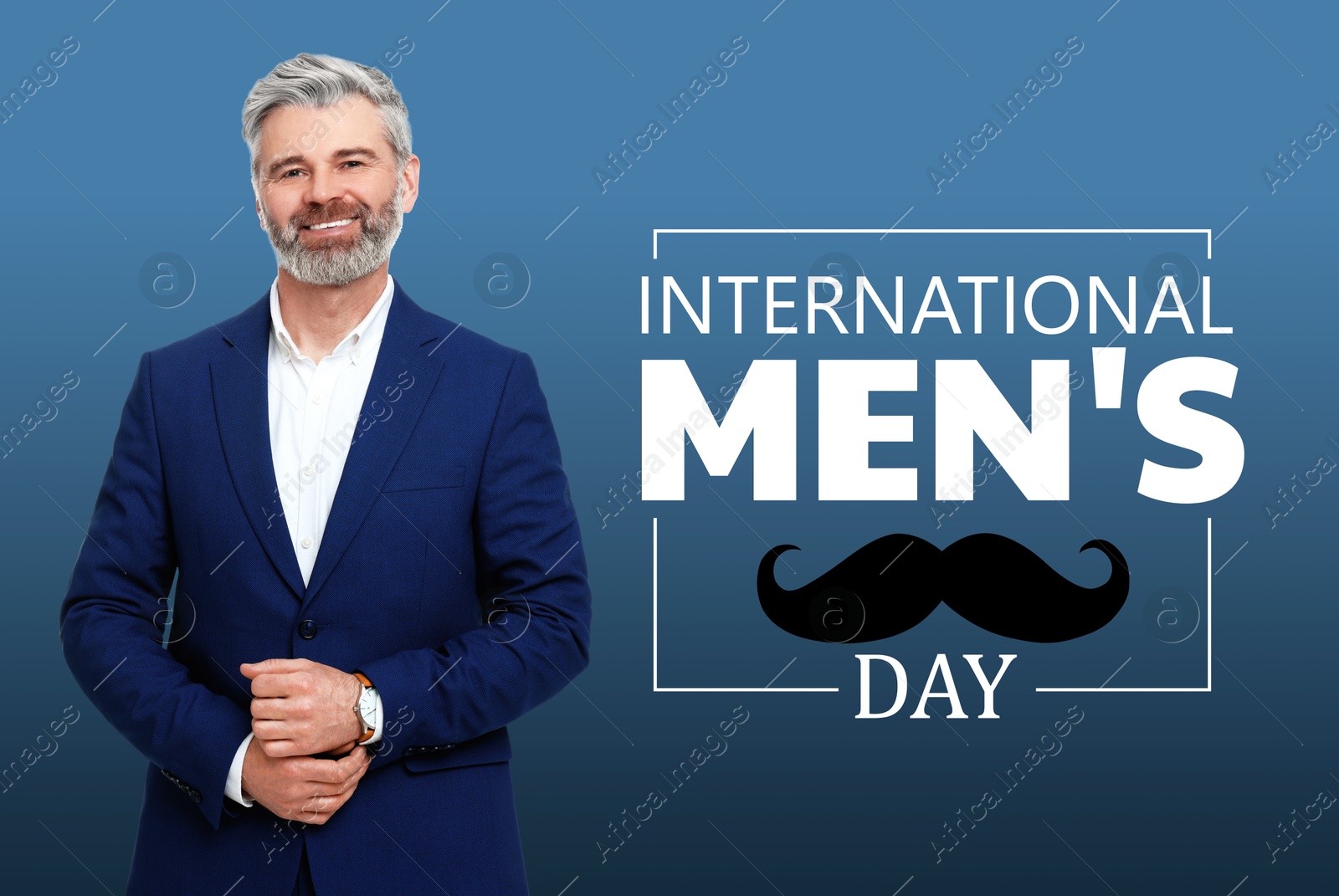 International Men's Day card with moustache illustration. Happy man on blue gradient background Image of International Men's Day card with moustache illustration. Happy man on blue gradient background
